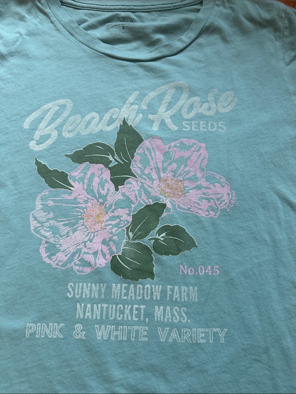 J Crew Factory t-shirt Beach Rose Graphic Tee in Aqua with Pink Floral - Picture 5 of 6